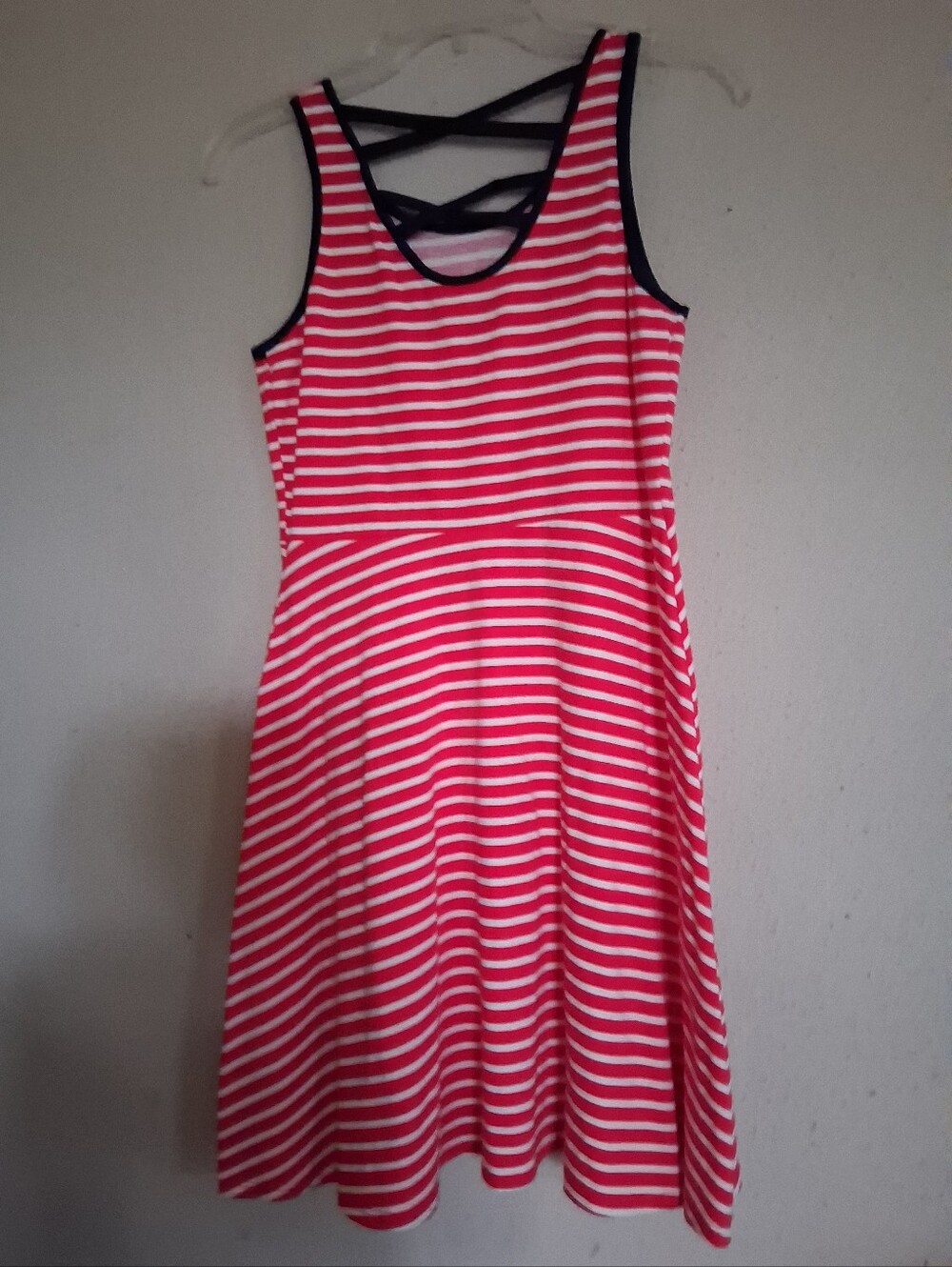Striped Red and White Sleeveless Skater Dress with Crisscross Back